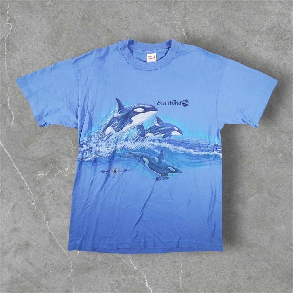Vintage Sea World T-Shirt Mens XL Blue 90s Orca Killer Whale Wrap Around Nature